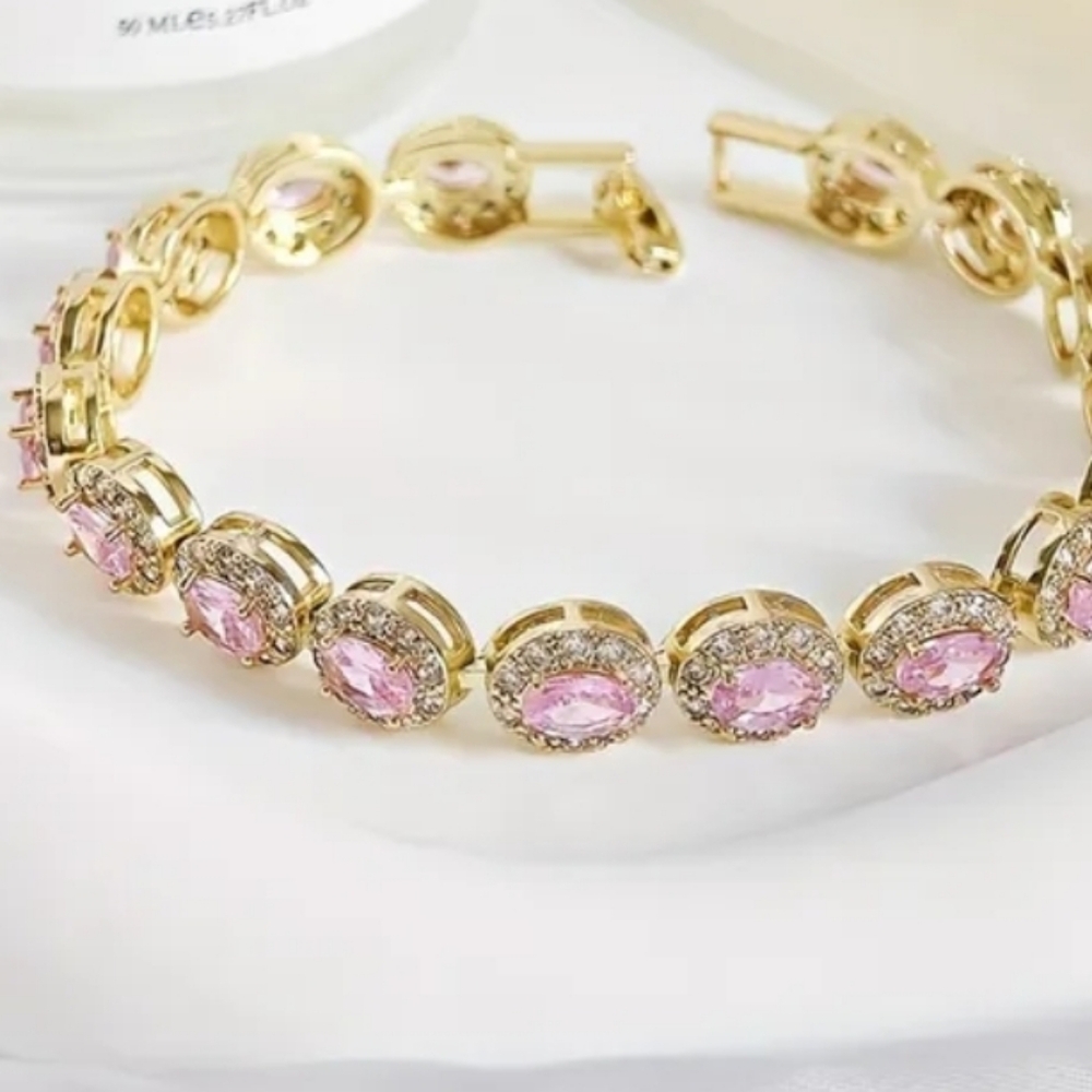 🆕️💎PINK ZIRCON OVAL TENNIS BRACELET - GOLD TONE💎 - Picture 5 of 10